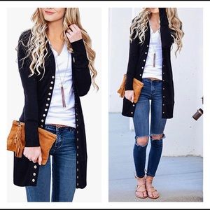 Long Sleeve Snap Button Down Solid Color Knit Ribbed Neckline Cardigan